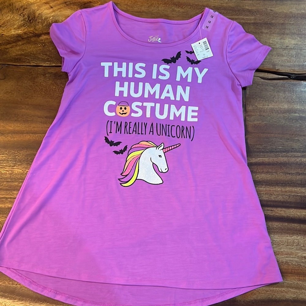 NEW PURPLE JUSTICE STORE GIRL’S UNICORN HALLOWEEN SIZE 12 SHIRT WITH BATS & MORE